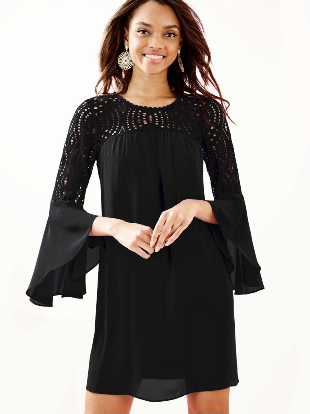 Lilly Pulitzer Size 12 Onyx Black Bell Sleeve Lace Trim Dress womens